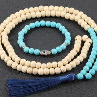 oaiite turquoise stone wood mala bead necklace palm pendant bracelet chain necklace for women men catholic christ rosary jewelry