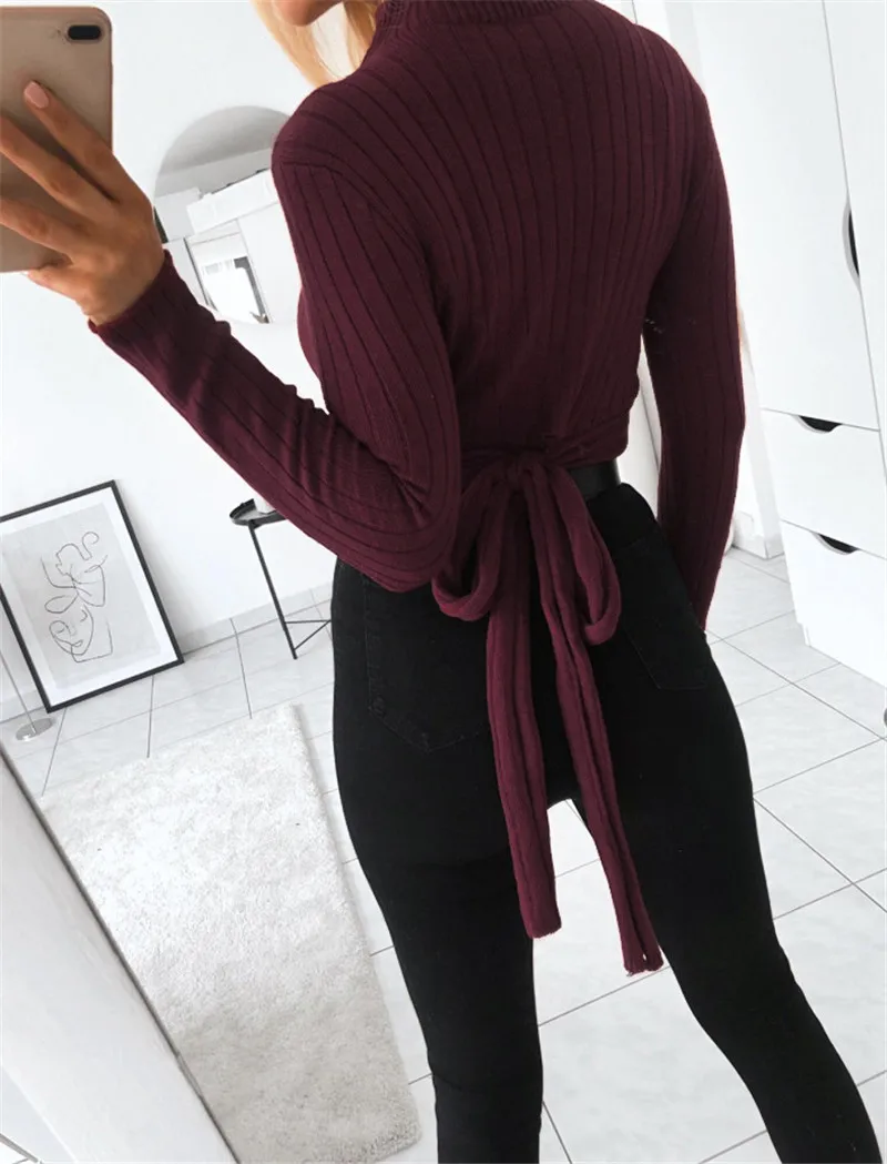 

Women Winter Warm Long Sleeve Knitted Lace Up Pullover Sweater Outwear Turtleneck Slim Casual Tops Sweater Jumper Crop Tops 2019