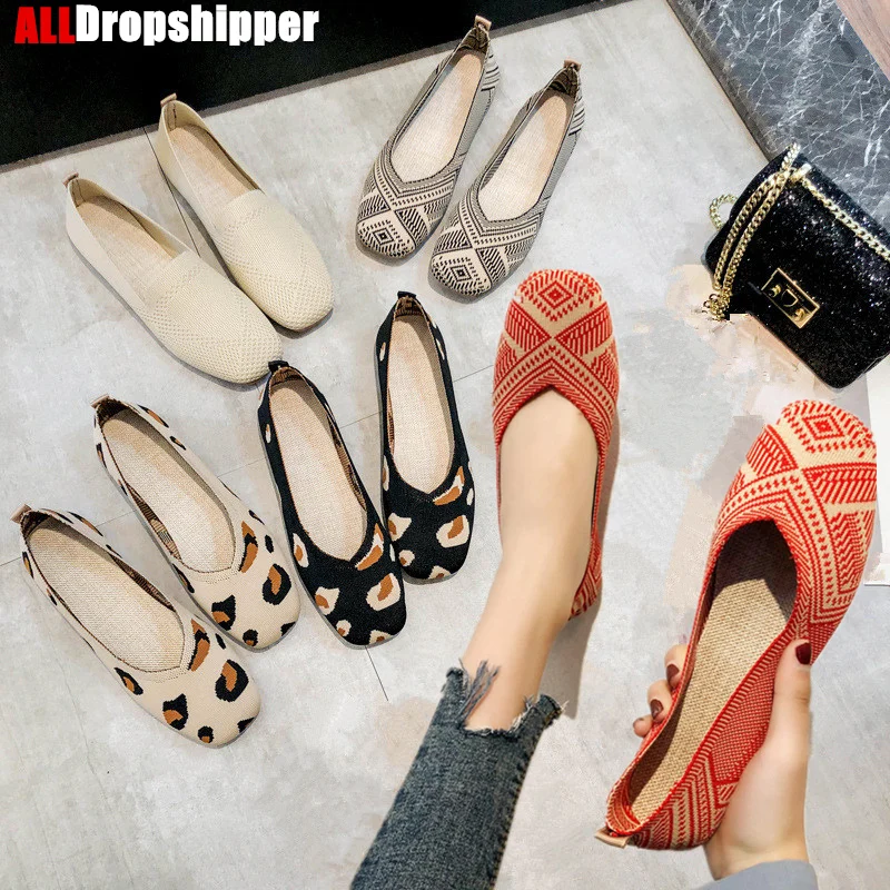 Женская обувь на плоской подошве Тонкие балетки Вязаная без застежки