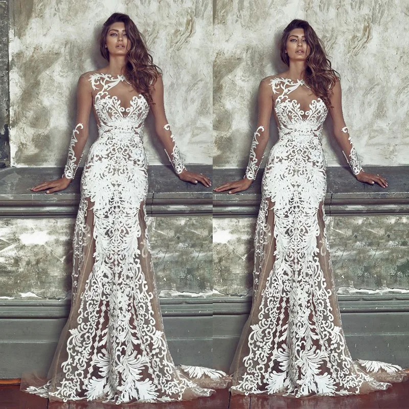 

2021 Autumn New Women's Long-sleeved See-through Mesh Embroidered Wedding Dress