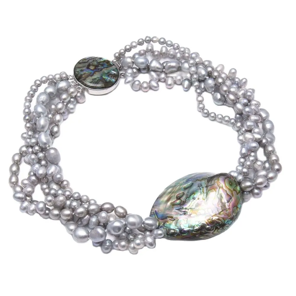 

Ювелирные изделия GG, 5 нитей, ожерелье из серого жемчуга кулон в виде раковины абалона, ожерелье 19 дюймов, ручная работа для женщин