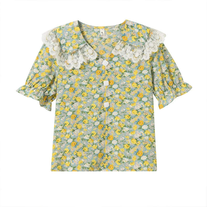 

Summer Fashion Print Lace Patchwork Office Lady Chiffon Shirts Vintage Puff Sleeve Peter Pan Collar Sexy V Neck Women Blouses