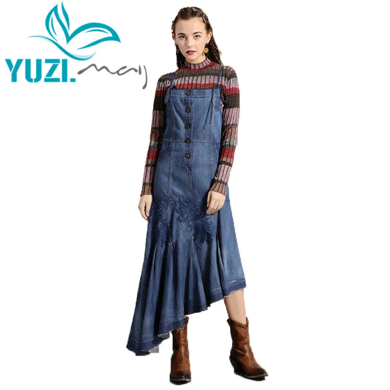 Женское платье 2019 Yuzi.may Бохо новые джинсовые женские платья Асимметричные