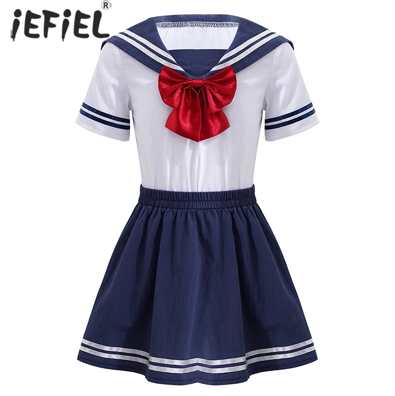

Kids Girls Students JK Uniform Summer Short Sleeve Japanese Schoolgirl Uniforms Sailor Navy Sets Pleated Skirt Anime COS Costume