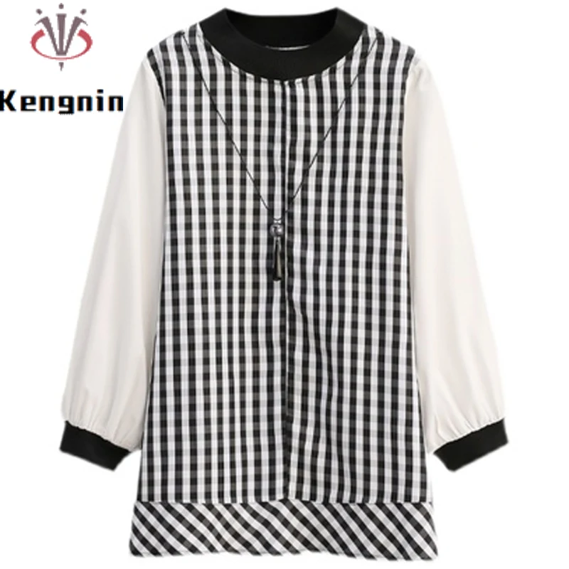 

2022 New Spring Plaid Patchwork Long Sleeve Women Pullovers Loose Houndstooth Fashion Ladies Tops Plus Size 5XL T-Shirts KE2269