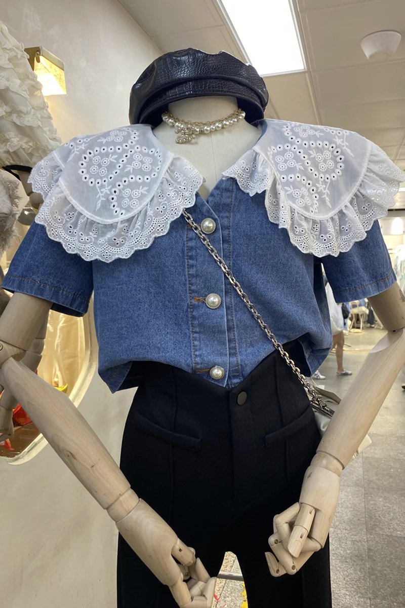 

Summer Sweet Lace Stitching Peter Pan Collar Blouse Top Women New Short Puff Sleeve Pearl Buttons Short Denim Shirt