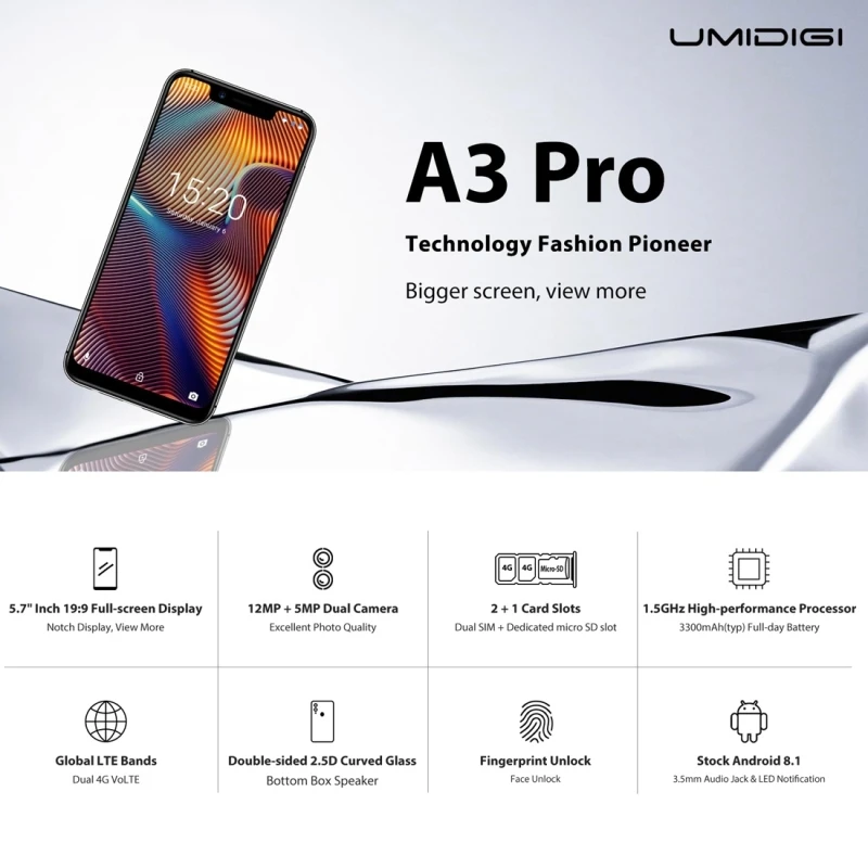 UMIDIGI A3 Pro Global Dual 4G смартфон 5,7 ''2.5D полный экран 3 ГБ+ 32 ГБ Android 8,1 MTK6739 четырехъядерный мобильный телефон 12 Мп+ 5 МП