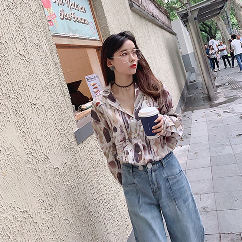 Блузка Женская Осенняя Винтажная с принтом и воротником-стойкой | одежда