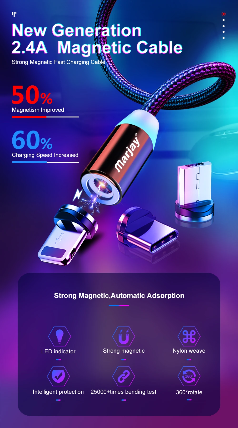 Marjay, магнитная зарядка зарядное устройство, магнитный кабель Micro USB кабель для iPhone, samsung, Android, быстрая зарядка, магнит, usb type-C кабель, шнур для мобильного телефона, провод