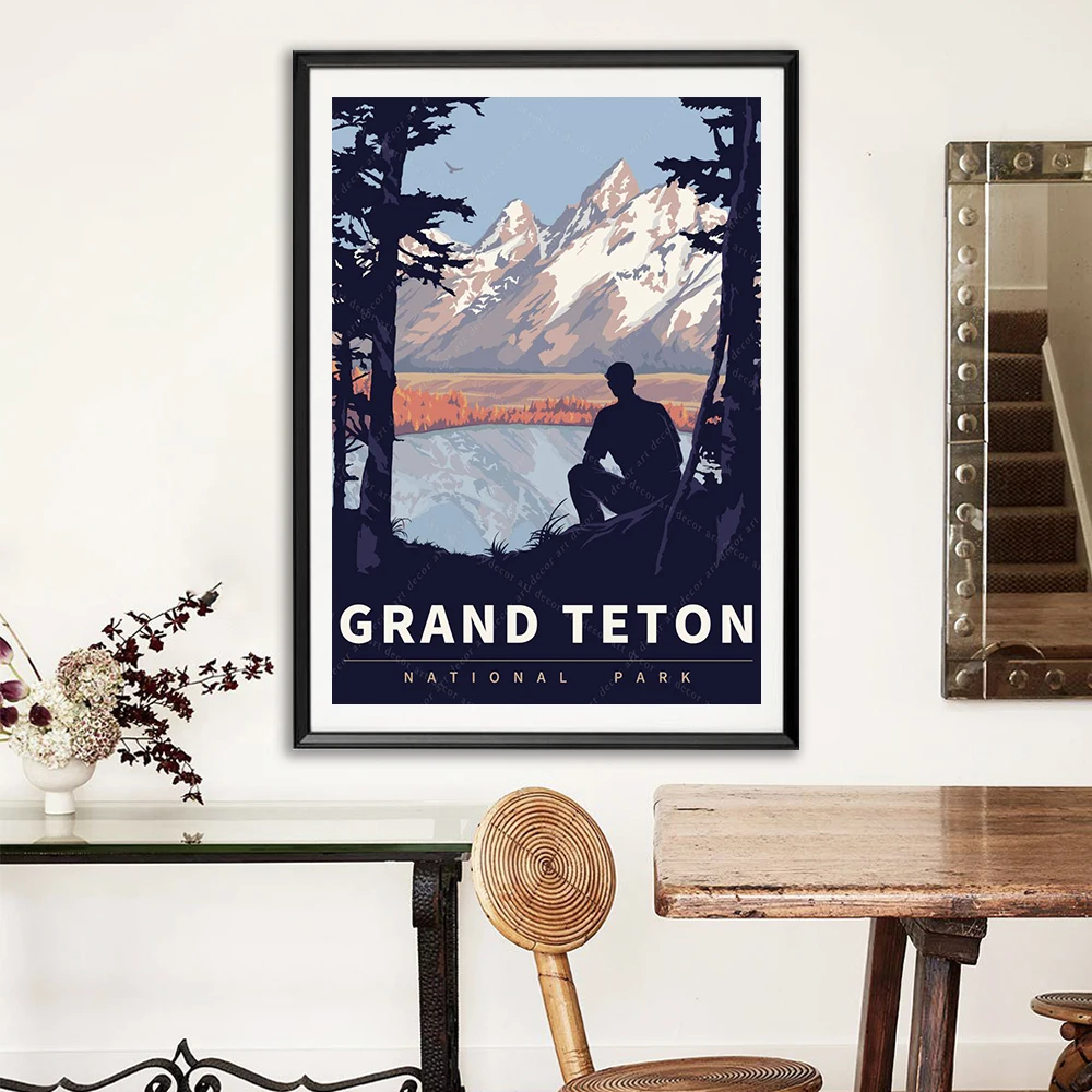

America Grand Teton National Park Vintage Travel Poster Canvas Painting Wall Art Kraft Posters Coated Wallsticker Home Decor