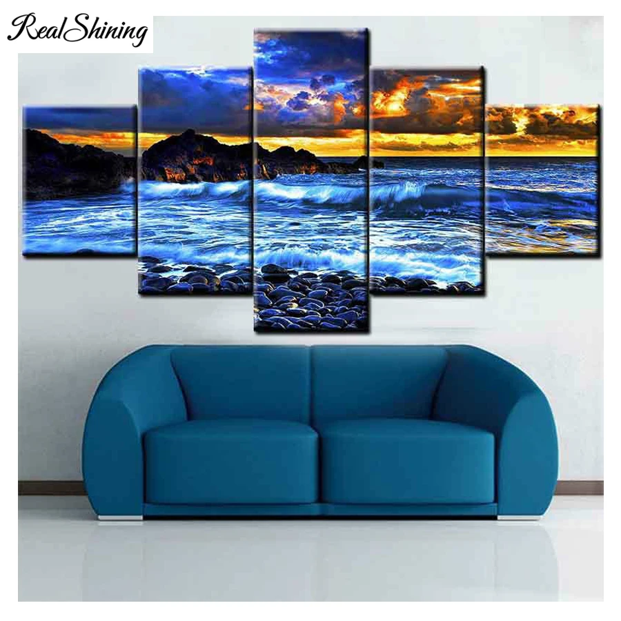 

Diamond painting mosaic patterns,full round square diamonds seascape with sunset 5 Pieces embroidery 5D DIY Diamant painting F29