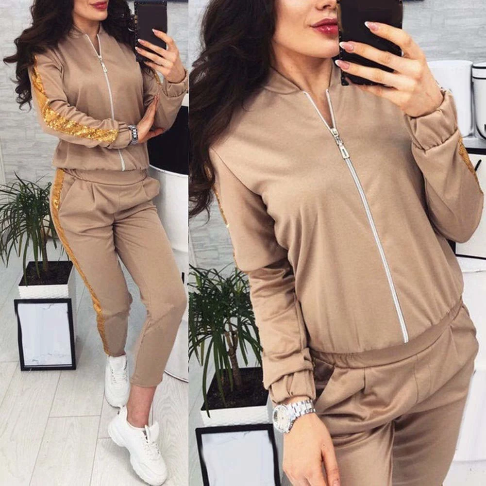 

2020 Women Autumn Long Sleeve Zip Coat Jacket Skinny Pants Sequins Tracksuit Outfit Casual Stand Collar Women's Clothing