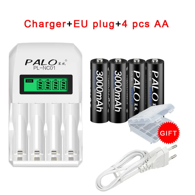 PALO оригинальные 1,2 V AA перезаряжаемые батареи 3000mAh Ni-MH AA перезаряжаемая батарея для камеры анти-падения игрушечного автомобиля - Цвет: 4pcs and chargerA