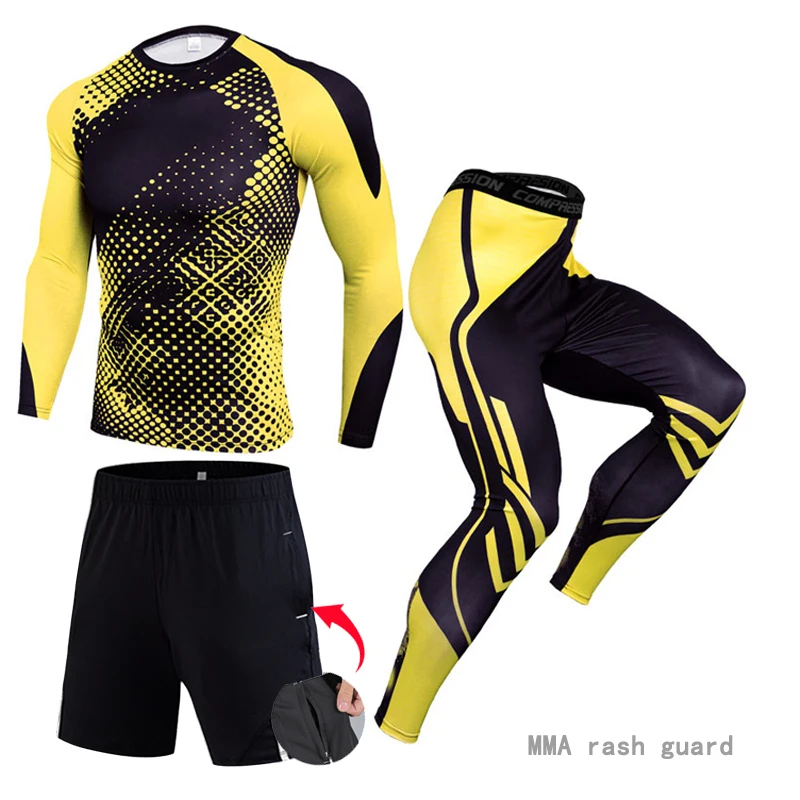 3 piece track suit Men Running sports MMA Compression sportswear rash guard male Bodybuilding T-shirt pants Man Training | Спорт и