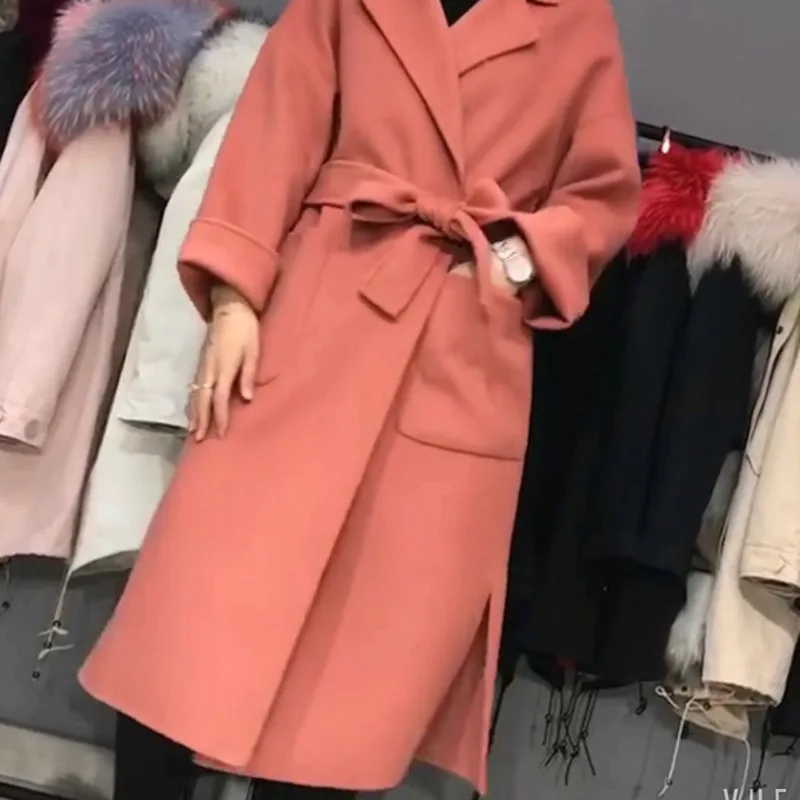 Женское зимнее шерстяное двубортное длинное твидовое пальто с открытым стежком |