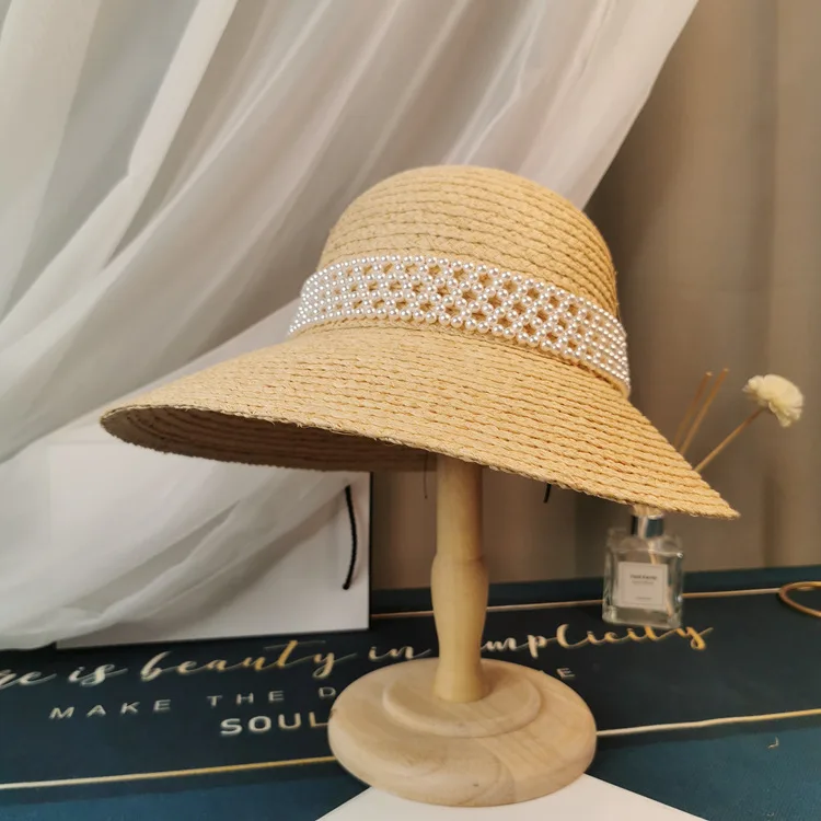 2020 New Fashion Raffia Sun Hat Straw Pearl Wide Brim Summer Beach Visor Women Hats H79 | Аксессуары для одежды
