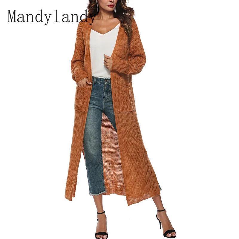 

Mandylandy Women's Casual Long Sleeve Cardigan Pocket Knitted Sweater Spring and Autumn Fashion Solid Color Loose Long Sweater