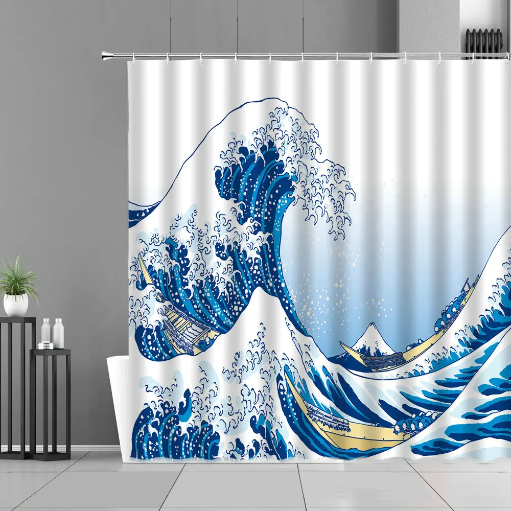 

Waves Fuji Landscape Shower Curtains Sea Waves Pattern Home Decoration Waterproof Bathroom Curtain With Hooks