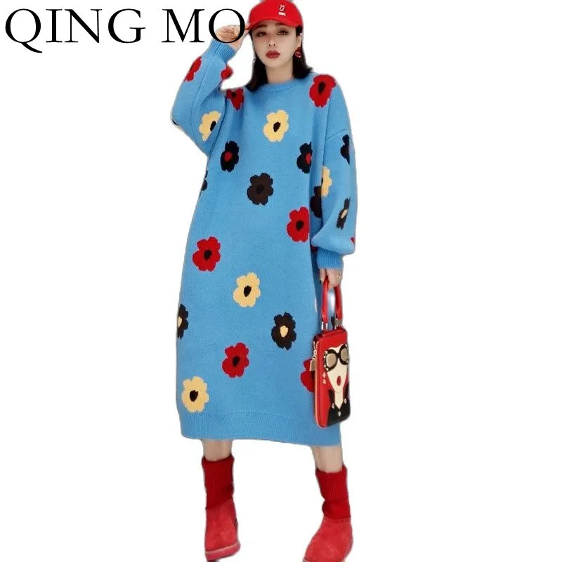 QING MO Fashion Printed Knitted Sweater Dress Women 2022 Spring Winter New Casual Pullover Over The Knee ZWL1509 | Женская одежда