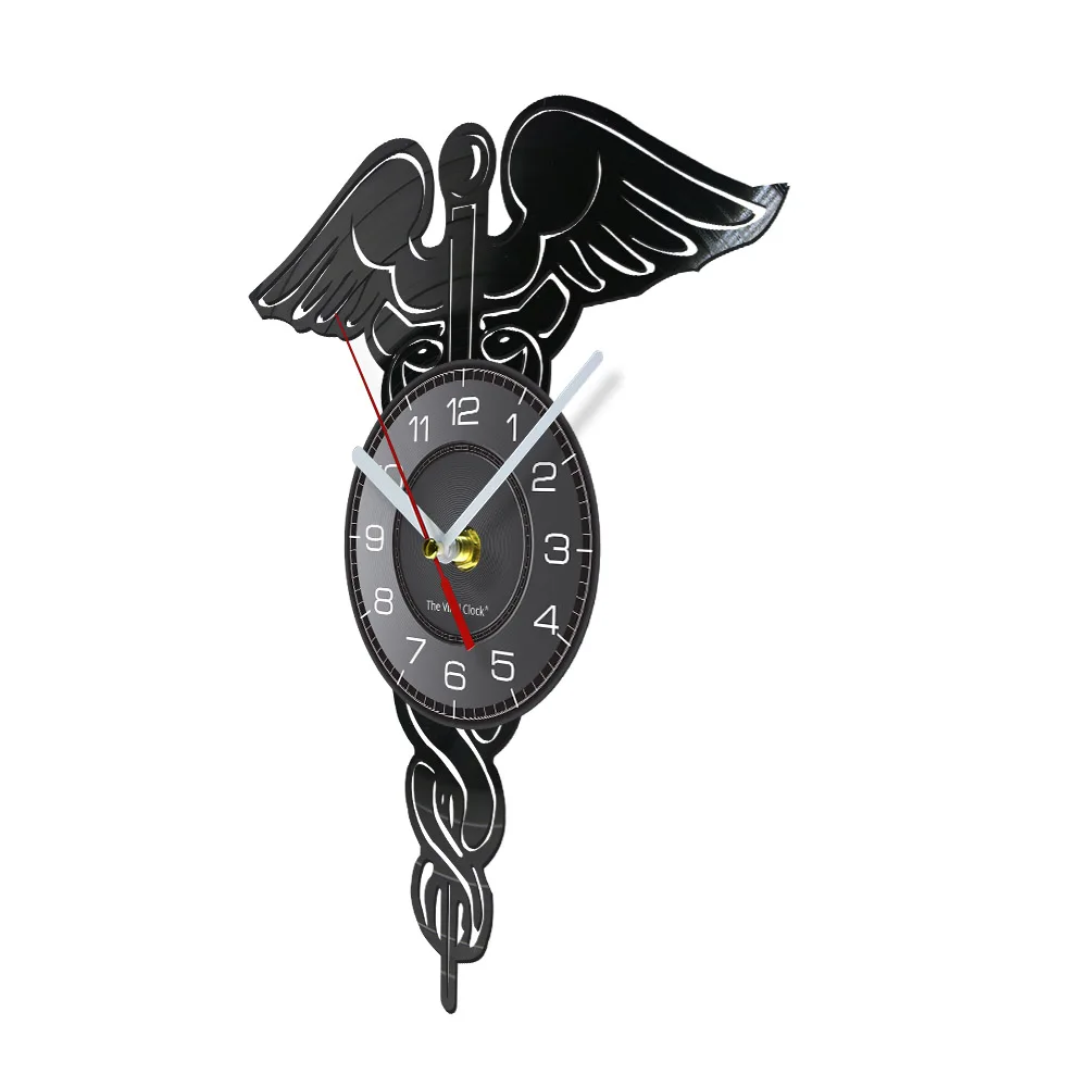 Часы настенные виниловые с изображением крыльев змеи и пластинки в медицинской