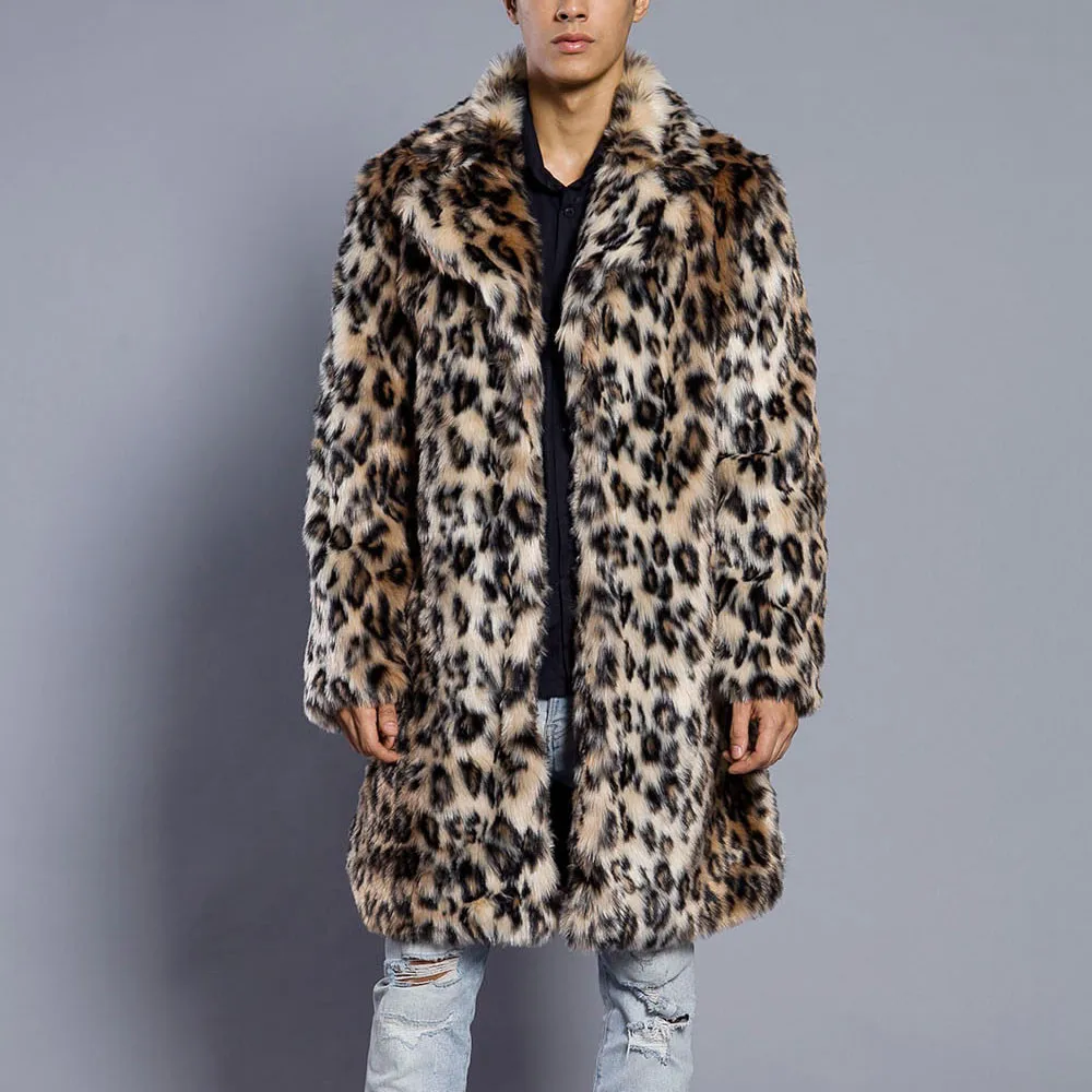 

Leopard Plus Thickening Mens Long Coat Warm Thick Fur Collar Coat Jacket Faux Fur Parka Cardigan male fashion gentleman Style