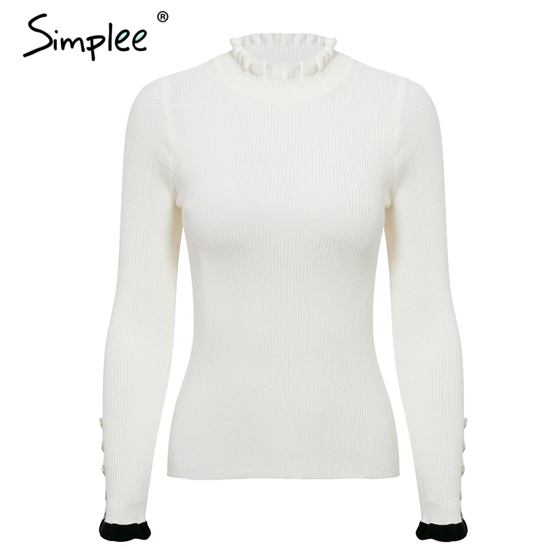 Женский вязаный свитер в полоску с оборками и Расклешенным рукавом на пуговице