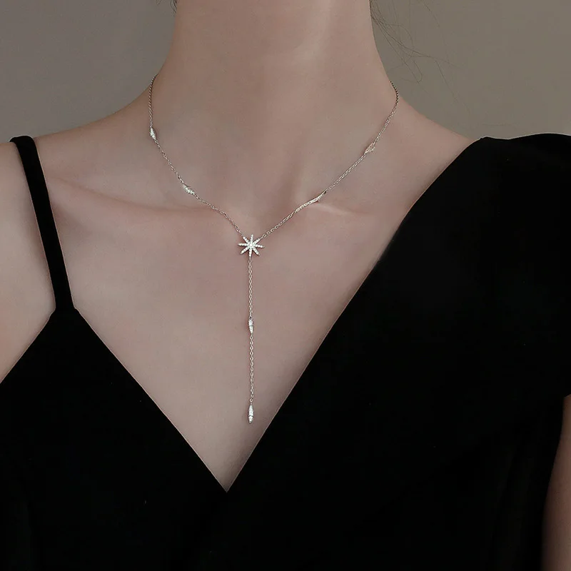

925 Sterling Chain Necklace Maple leaf Shape AAA Zircon Shiny Jewelry For Women
