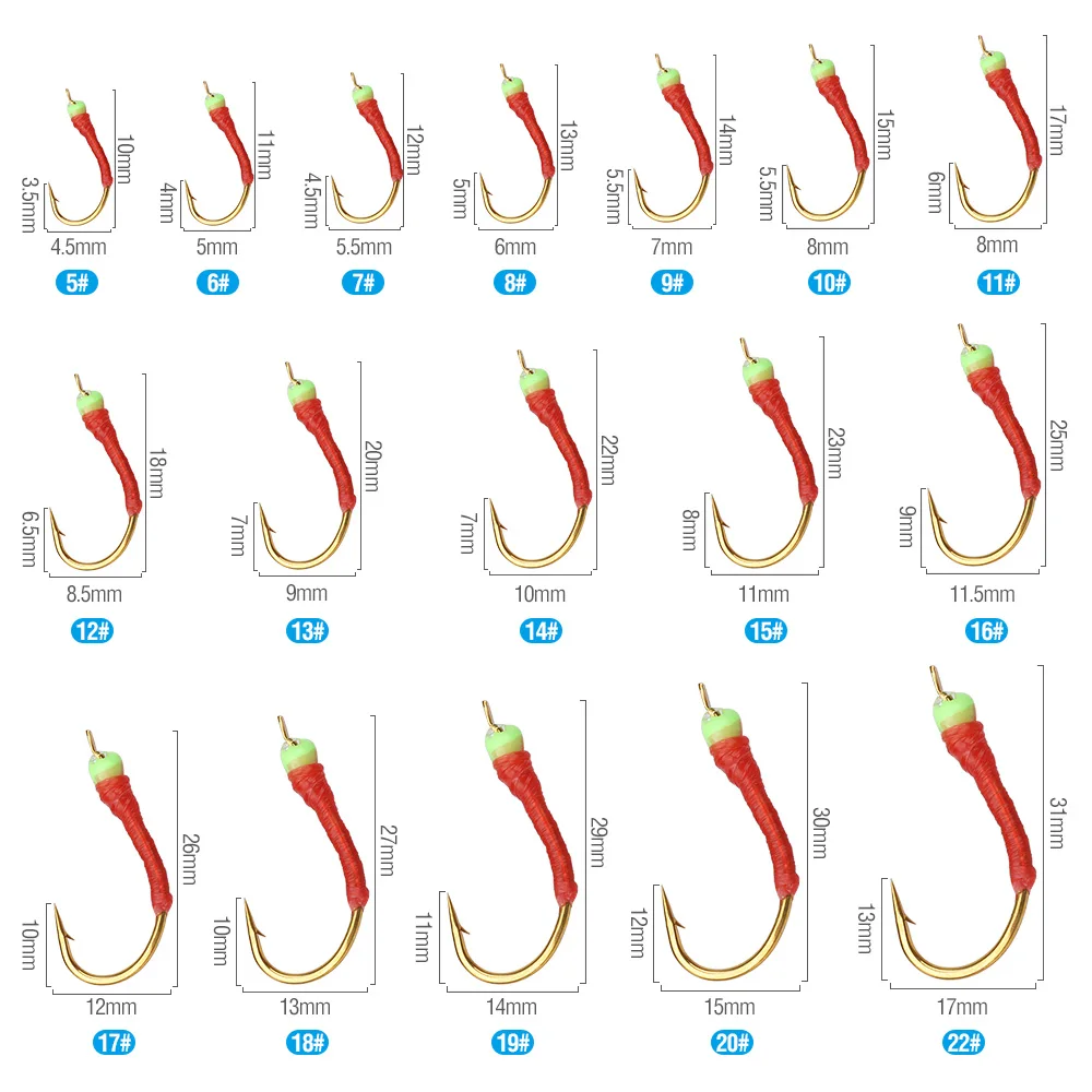 DONQL Combination Fishing Hooks 5#-22# Luminous Fishing Hooks(Tail Luminous Beads) 6 Hooks+ Stainless Steel Fishing Adapter