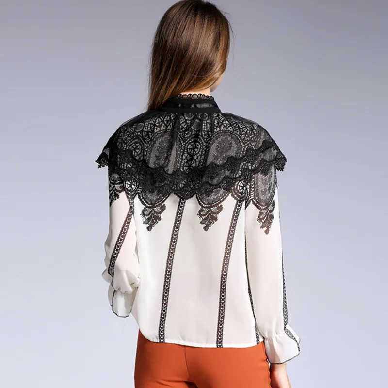Шифоновые кружевные рубашки в полоску с бантом ретро-стиле облегающие Блузы