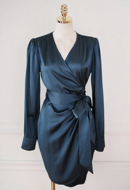 

Women Navy Blue Cocktail Dress Bow Tie Belt V Neck Long Sleeve Female Stylish Burgundy Solid Satin Party Dresses Vestidos