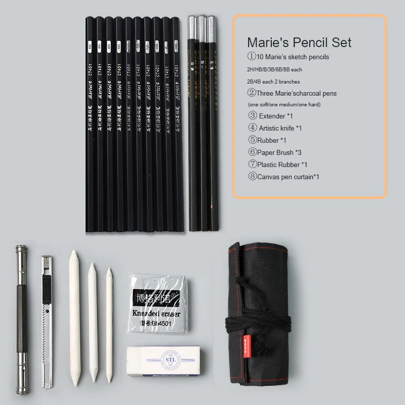 Rope pencil case Marie's/набор карандашей для начинающих, инструменты для рисования, ученики с угольным углем, детские ручки, мягкая, средняя, жесткая углеродная ручка, товары для рукоделия - Цвет: Rope pencil case