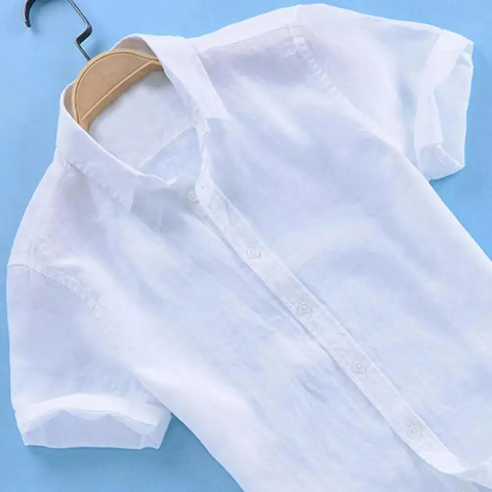 

Men Buttons Closure Short Sleeve Beach Shirt Turn-down Collar Solid Color Moisture-wicking T-Shirt Workwear Slim Fits Male Shirt