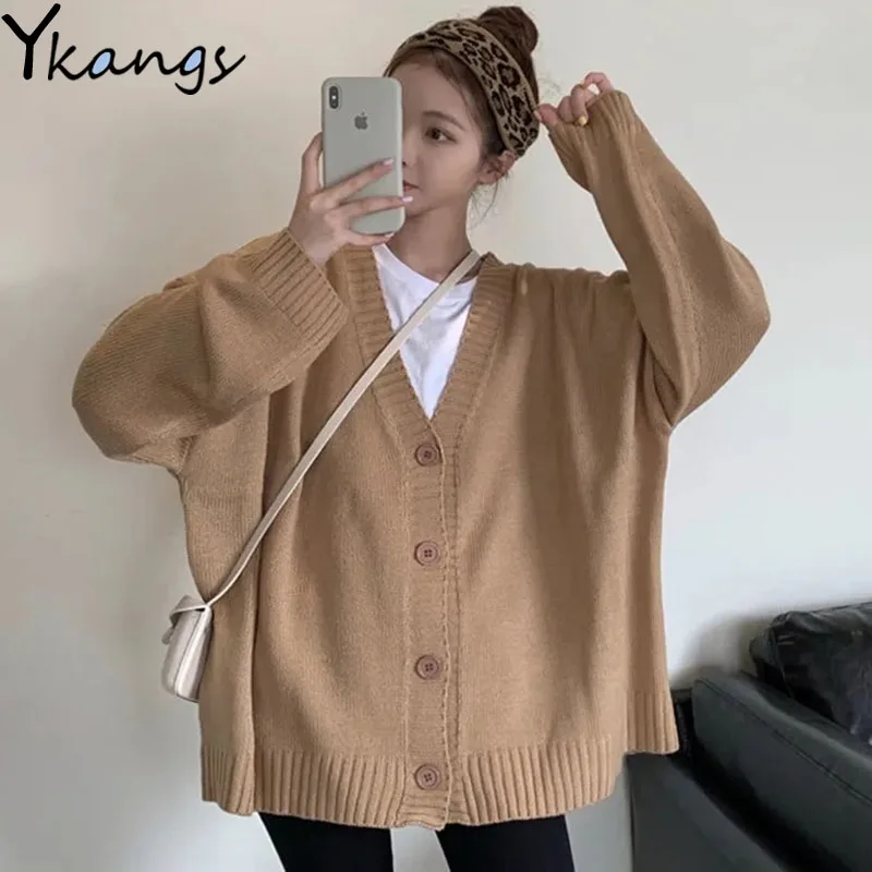 

V-neck Solid Korean Single Breasted Cardigan Sweater Women High Waist Long Sleeve Knit Casual Harajuku Loose Chic Sweater Female