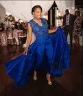 Королевский синий кружевные вечерние платья с комбинезоном 2020, вышитое бисером, с круглым вырезом, африканские черные платья для девушек, костюм с брюками для выпускного вечера