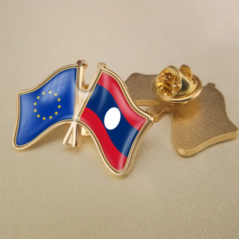 

European Union and Lao People's Democratic Republic Crossed Double Friendship Flags Brooch Badges Lapel Pins