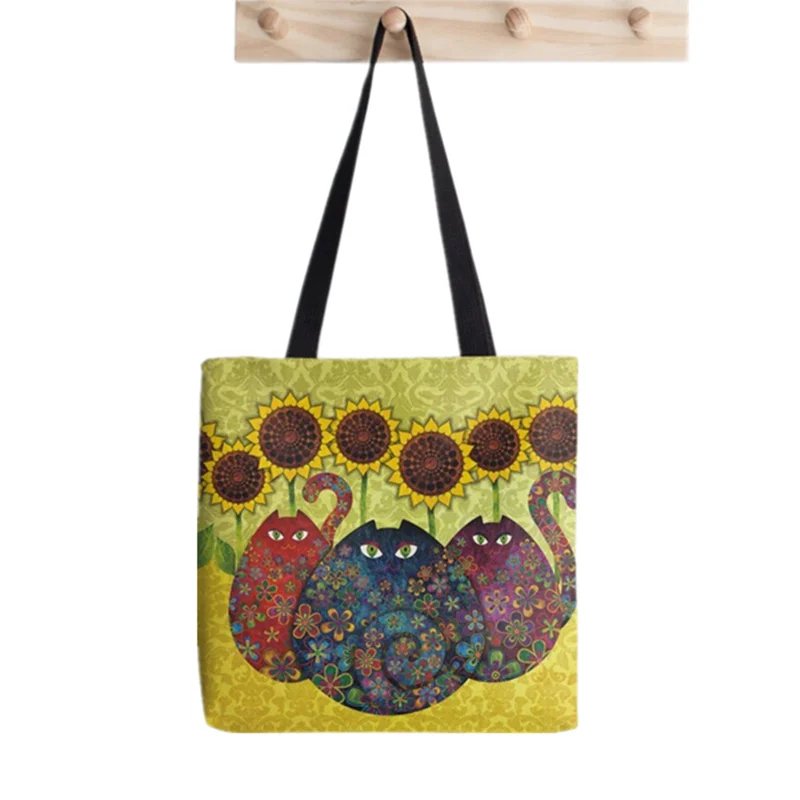 

2021 сумка-шоппер с кошками и подсолнухами, женская сумка-тоут с принтом в стиле Харадзюку, Женская холщовая сумка-шоппер на плечо