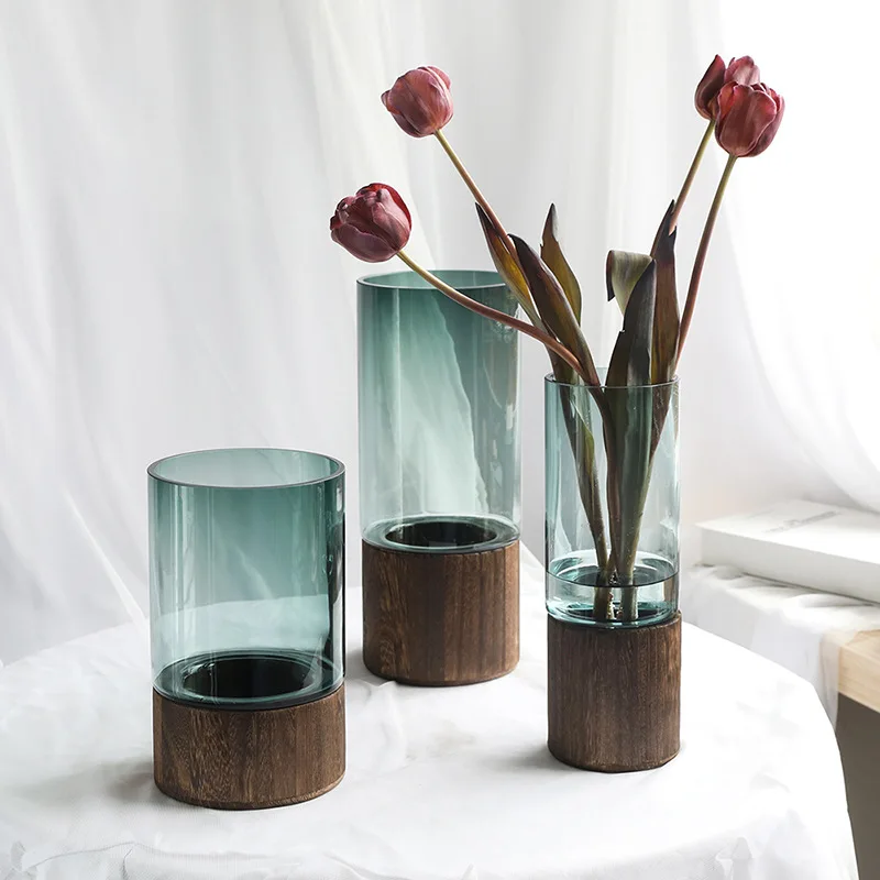 

Creative Stitching Wooden & Glass Vase For Home Decoration Transparent Vases Flower Arrangement Living Room Display Artware Gift