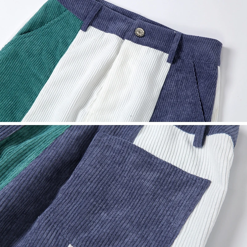 

Color Block Corduroy High Waist Straight Pants Women High Waist Joggers Streetwear 2020 Trend Trousers