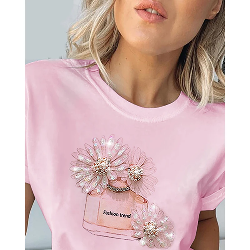

Beading Sequined Floral Print Women Clothing Summer Short Sleeve T-shirt Casual Harajuku Korean Ladies Fashion Tops Tee SJ6183R