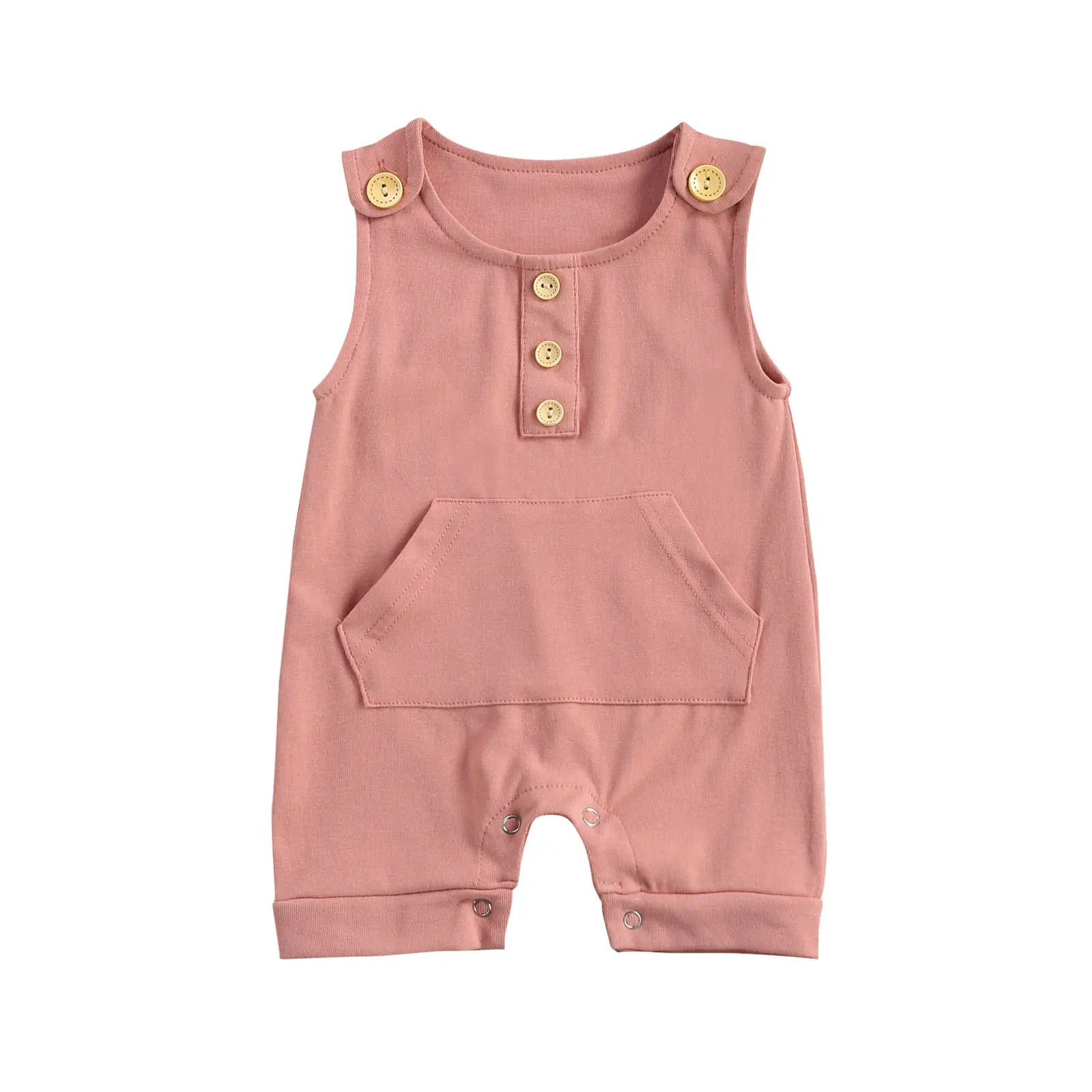 

Baby Solid Color Short Romper, Sleeveless O-neck Jumpsuit with Large Pocket for Summer