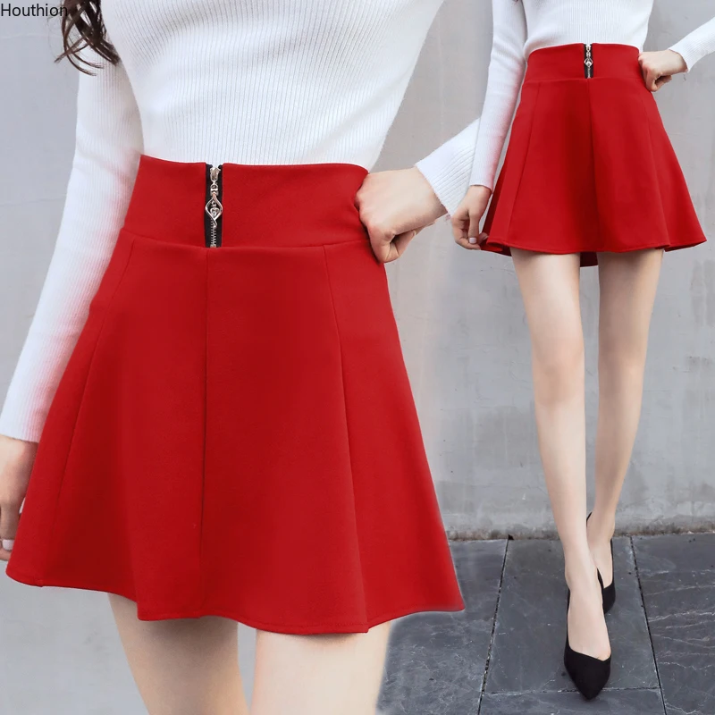 

Houthion Slim Women's Clothing New Casual Fashion Zipper Solid A-Line High Waist Line Mini Skirt Summer