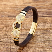 animal shape aaa cubic zirconia bracelet brown genuine leather women wrist bracelets luxury jewelry fashion mens bangles