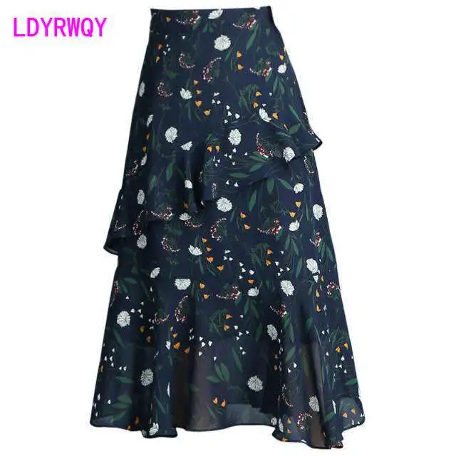

Chiffon Women's Spring/Summer Mid-length 2021 New Floral Skirt High Waist Irregular Ruffle