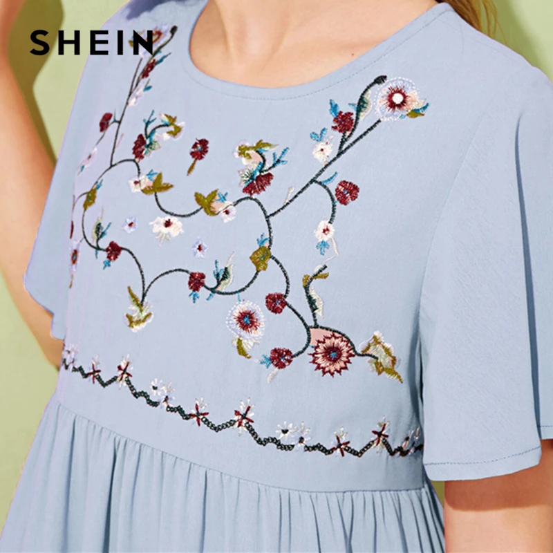 SHEIN/Детское платье для отдыха для девочек с вышивкой спереди и пуговицами; коллекция года; летние длинные платья трапециевидной формы с рукавом-бабочкой в стиле бохо для детей