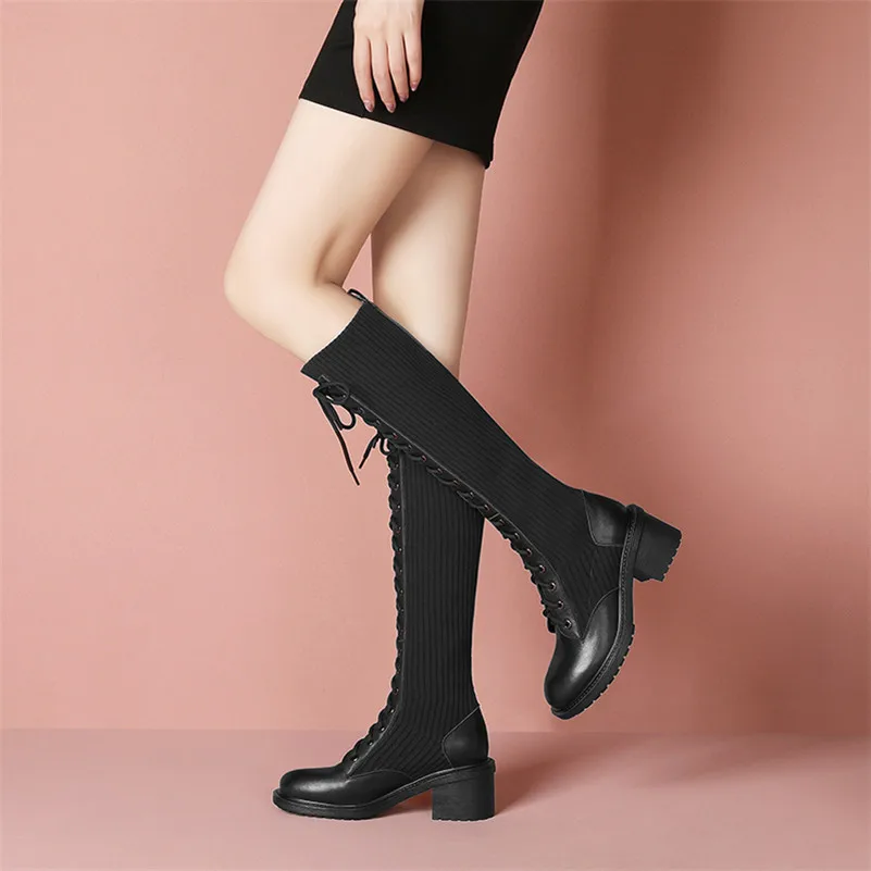 

Meotina Real Leather Platform High Heel Knee-High Boots Motorcycle Boots Women Shoes Lace Up Block Heels Lady Long Boots Black