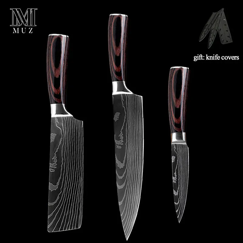 3pcs set 2 Нержавеющая сталь, высокое качество, 8 дюймов, нож шеф-повара, лазерный дамасский сантоку, кухонные ножи, острый Кливер, нож для нарезки, подарок - Цвет: 3pcs set 2