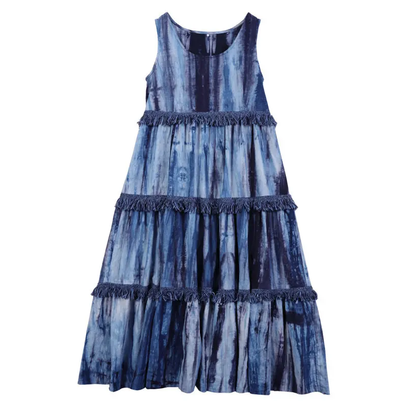 

XITAO Vintage Tassel Splicing Dress Summer New Sleeveless O-neck Collar Fashion Loose Folds Splicing Temperament Trendy WMD0950