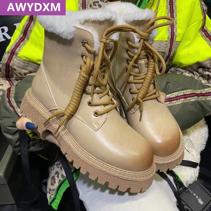 

Женские теплые меховые ботинки на плоской подошве, ботильоны на платформе, зимняя модная женская обувь на шнуровке, Короткие Плюшевые повсе...