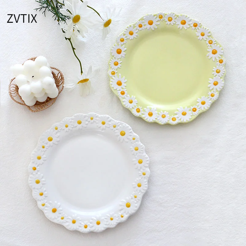 

Ceramic Dessert Plate 8 / 10 Inch Daisy Salad Bowls Plate Dinner Plate Food Meat Snack Box White Tableware Cute Breakfast Tray