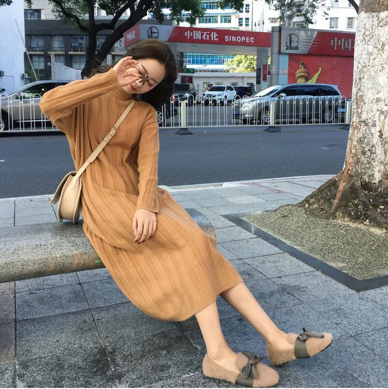 Осень Зима 2019 корейский стиль женский свитер с длинным рукавом платье размера